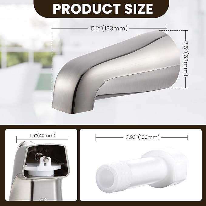 Dreyoo Tub Spout (Universal Fits 1/2" Copper Pipe, 1/2" IPS and 3/4" IPS), Bathroom Bathtub Faucet with Adapters and Hex Wrench(Brushed Nickel,Without Diverter)