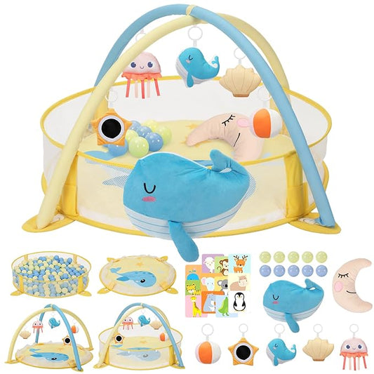 7-in-1 XL Large Baby Play Gym Mat, Tummy Time Mat, Baby Gym & Ball Pit, Baby Activity Mat with Milestone Cards & 6 Detachable Toys for Sensory Motor Skill, Whale