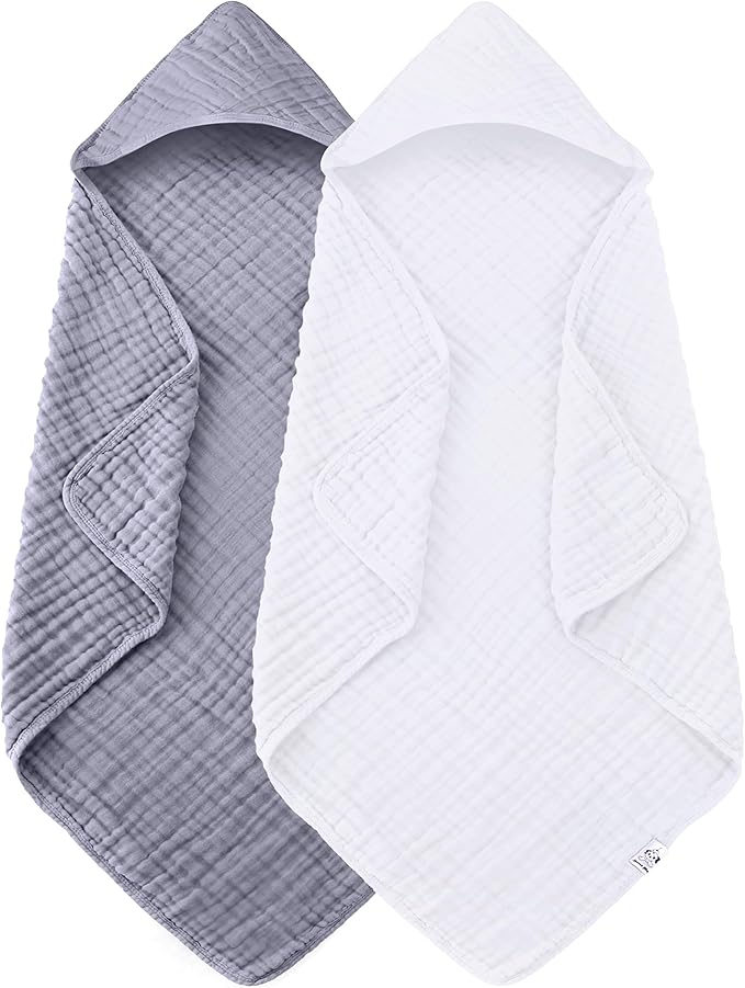 Spotted Play 2 Pack Hooded Baby Towels - 100% Muslin Cotton for Newborns, Infants, Toddlers - Large 32x32Inch Size - Highly Absorbent and Essential for Newborn Care, White and Grey