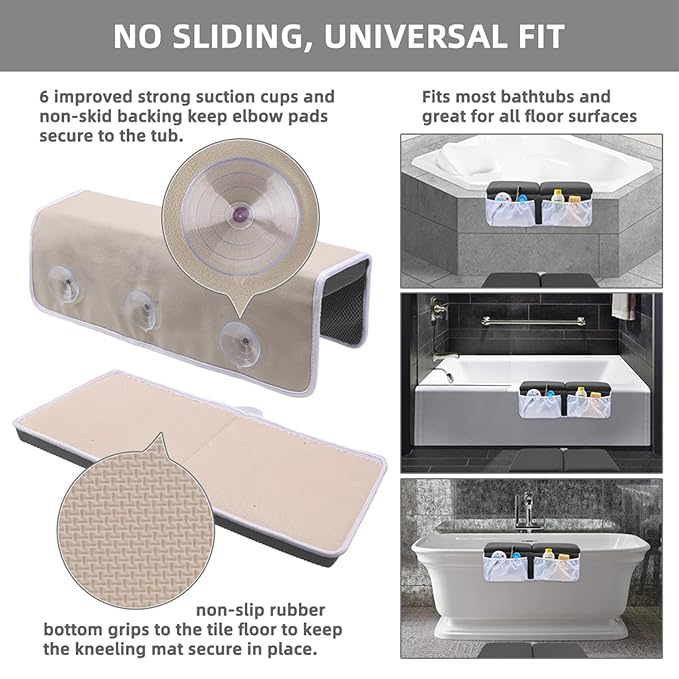 Bath Kneeler and Elbow Rest Set Baby Bath Kneeling Pad, Thick Non-Slip Bathing Kneeling Mat Cushion Quick Drying Bathtub Knee Saver with Arm Support and Pockets for Bathroom Bathing Time Comfort