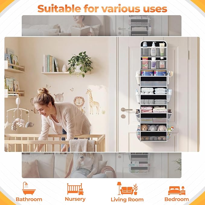 6-Tier Over the Door Organizer with Mesh Pockets, Baby Nursery Storage for Closet, Bathroom and Bedroom, Adjustable Hanging Closet Organizer for Cosmetics, Books and Essentials（Black）