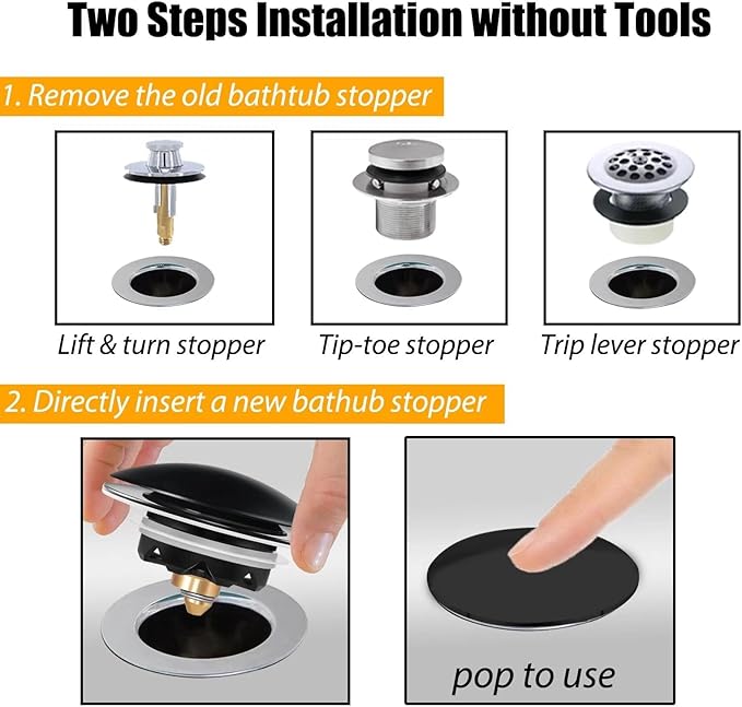 Bathtub Drain Stopper, Pop Up Tub Stopper and Cover, Bottom with Hair Catcher, Universal for 1.45 to 1.8in Drain, Replaces Old Drain Plug, Matte Black
