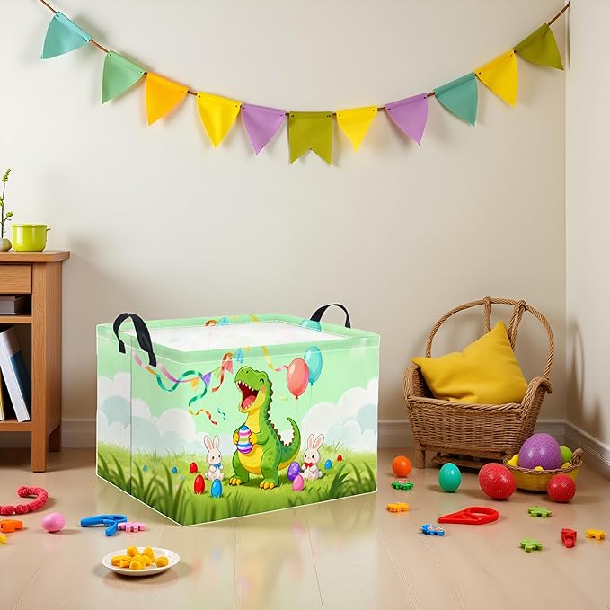 TIBAOLOVER Rectangular Easter Basket for Home Kitchen Baby Girls Basket Cute Storage Bin Organizer Shelf Book Room Decor(Happy Dinosaur)