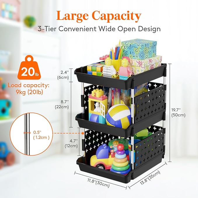 Lifewit Plastic Stackable Storage Baskets, 3 Tier Stacking Bins for Food and Clothes, Multifunctional Organizer for RV, Kitchen, Playroom, Pantry, Black, 35 x 30 x 50 cm/14 x 12 x 20 inch, 2 Pack