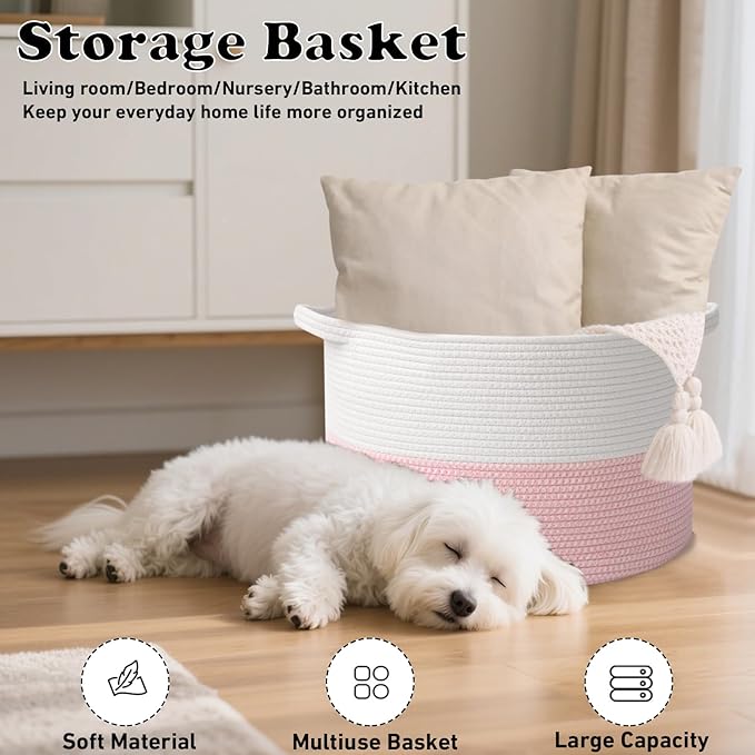 Large Storage Basket with Handle,23.6" x 23.6" x 15.7" Blanket Basket Storage Bins for Organizing,115L Cotton Rope Woven Baskets for Living Room, Nursery,Bedroom,White&Pink