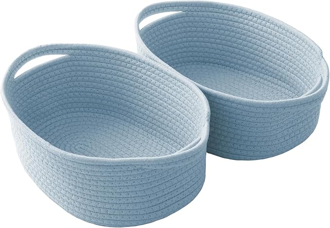 JMvicyroam Woven Basket,Small Rope Storage Bin with Handles & Ribbon Bag, Organizer for Shelves Closets,Gift Basket Empty for Birthday,Books,Dog Toys, Blue/2 Pack