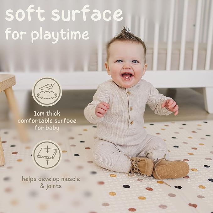 Bubba Bear Baby Play Mat, Thick Foam with Pattern Design, Foldable Waterproof Padded Crawling Mat for Babies (Beige Stars, 79 x 59 Inches)