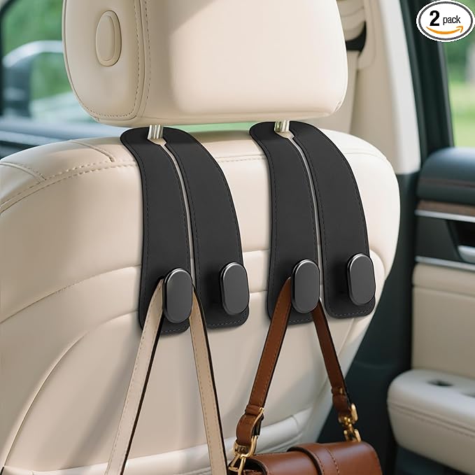 Car Seat Headrest Hooks - 2 Pack Universal Car Purse Hook, Leather Car Bag Purse Holder with Double Metal Hooks for Handbags, Grocery Bags, Bottles, Phones