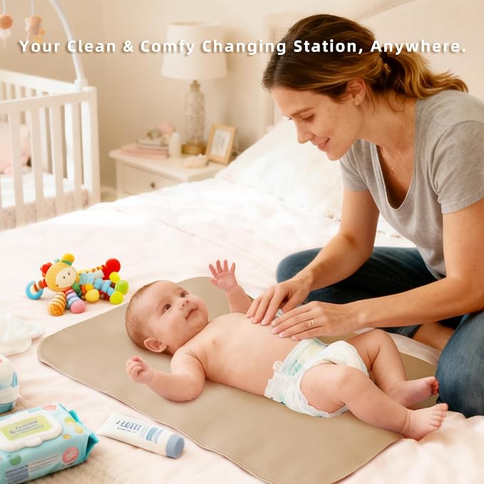 Elantrip Changing Pad for Bed - Leather Changing Pad for Baby, Portable Baby Changing Mat Travel, Compact Diaper Change Mat, Fits Diaper Bag Green and Beige