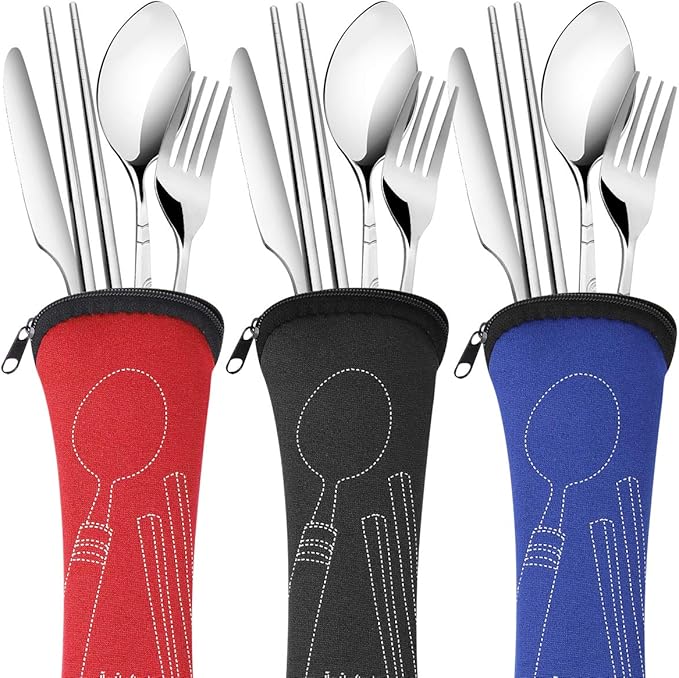 Arroyner 3 Pack Reusable Flatware Sets Knife, Fork, Spoon, Chopsticks, 12Pcs Portable Travel Stainless Steel Tableware Dinnerware with Carrying Case