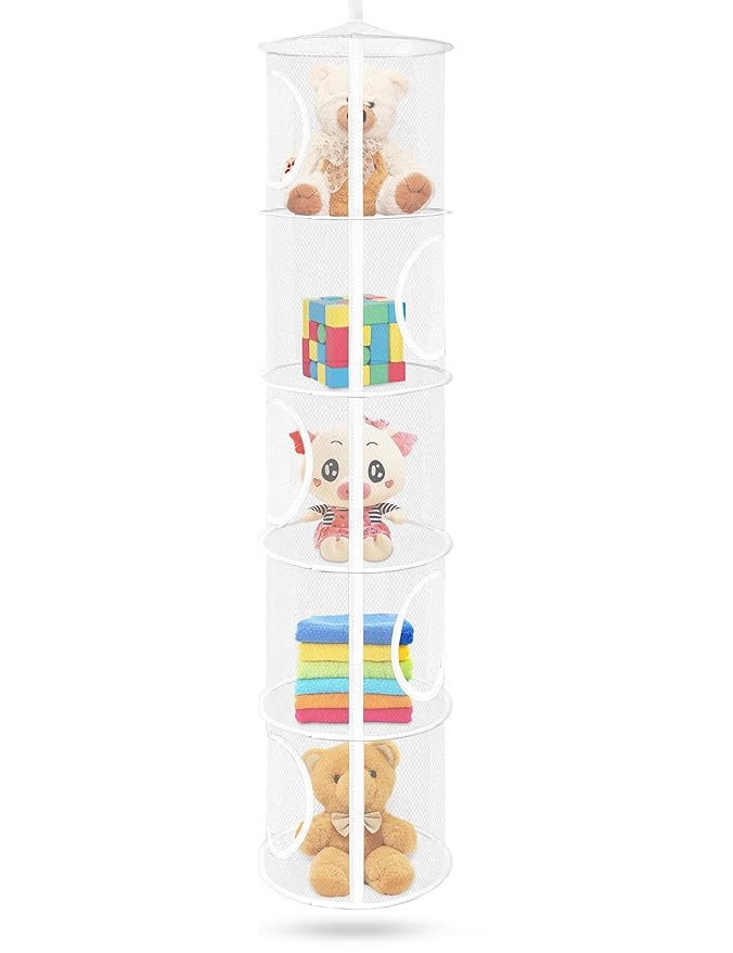 Libeder Stuffed Animal Storage, Mesh Hanging Storage Space Saver Bags Organizer,Foldable Storage Organizer 5 Compartments Toy Storage Basket for Kids Room Bathroom