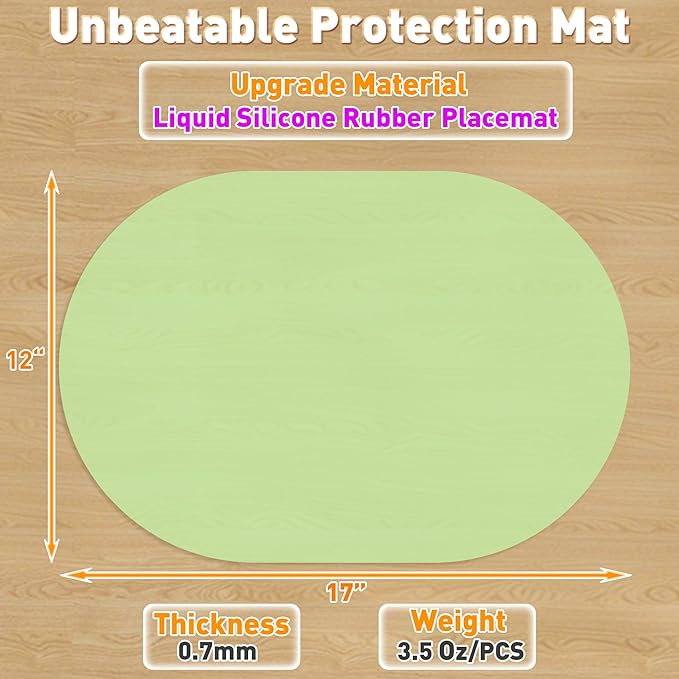 Oval Silicone Placemats Set of 4, Heat Resistant Non-Slip Waterproof Table Mats, Ultra-Thin Translucent Easy Clean Dining Mats for Home & Kids, 17"x12", Green
