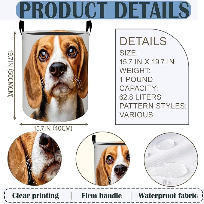 Beagle Dog Laundry Basket Hamper 19.7"x15.8", Cute Pet Foldable Waterproof Oxford Clothes Storage Bucket for Room Bathroom Bedroom Nursery Decor, Toy Organizer Bins Gifts for Kids Boys Girls