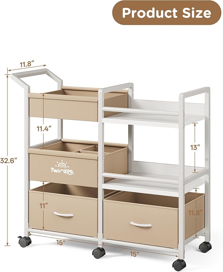 2-in-1 Baby Diaper Caddy Organizer, 3 Tier Rolling Storage Cart with Dividers and Drawers, Baby Essentials for Nursery Storage, Mobile Utility Cart with Wheels Large Capacity Easy to Assemble