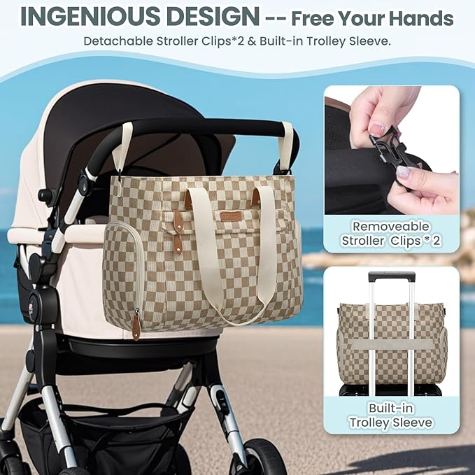 Pritent Large Travel Diaper Bag Tote with 14 Inch Laptop Sleeve, Breast Pump Bag for Mom and Dad, Mommy Maternity Travel Baby Bag for Boys and Girls, Plaid