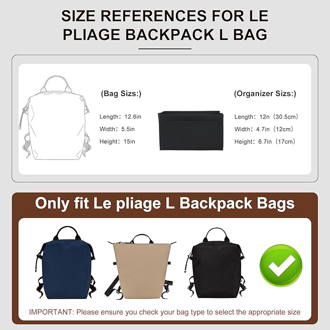 Premium Felt Purse Organizer Insert Compatible with Long Champ Le Pliage L Backpack, Lightwieight Bag Divider Shaper with 8 Pockets & YKK Zipper, Black/LB