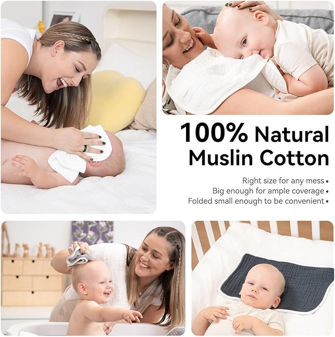 Synrroe Burp Cloths Large, Muslin Burp Cloths for Baby Girls and Boys, Pack of 4 Extra Absorbent and Soft Muslin Bibs, 6 Layers 20 by 10 Inches 100% Cotton (White and Brown 4 Pack)