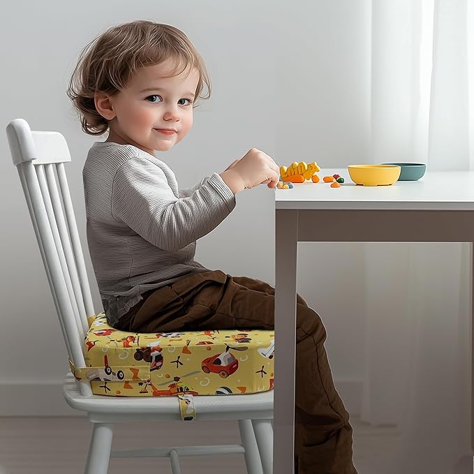 Toddler Booster Seat for Dining Table, Waterproof Kids Booster Seat for Kitchen Chair, High Density Foam Cushion with Non-Slip Bottom, Washable Cover & Adjustable Straps (Car)