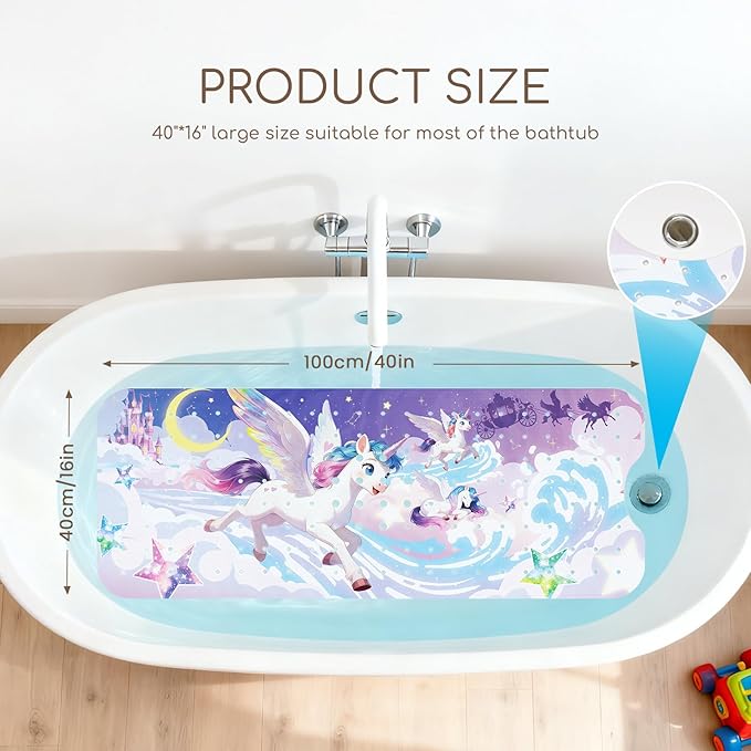 Omedecal Baby Bath Mat for Tub, Non Slip Kids Bath Shower Mat, 40 X 16 Inch Large Bathtub Mat with Drain Holes and Suction Cups for Toddlers, Machine Washable and Waterproof (Unicorn)