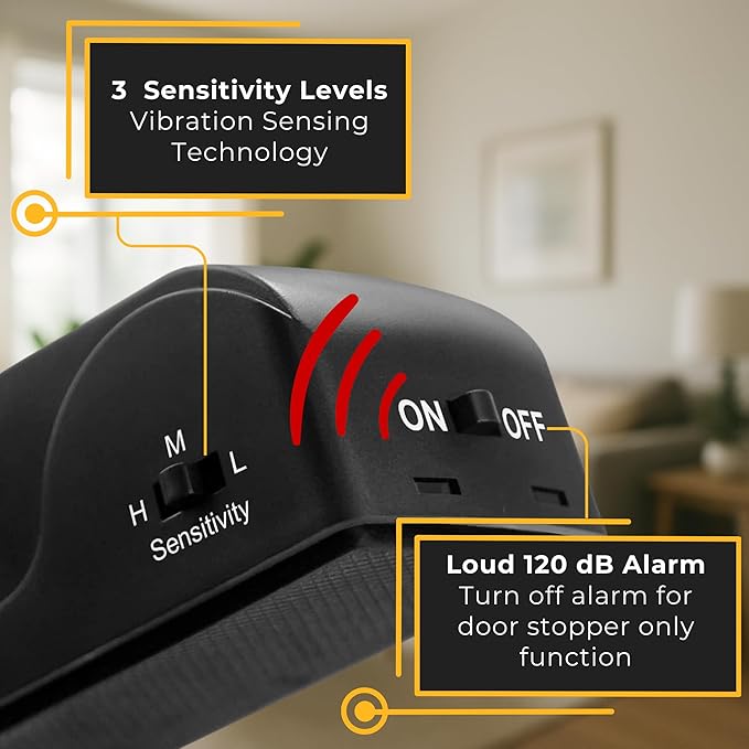 Door Stop Alarm with 120 dB Siren – Portable Travel Door Stopper Alarm Wedge for Hotel, Apartment & Dorm Security – Battery-Operated, Black, 4-Pack