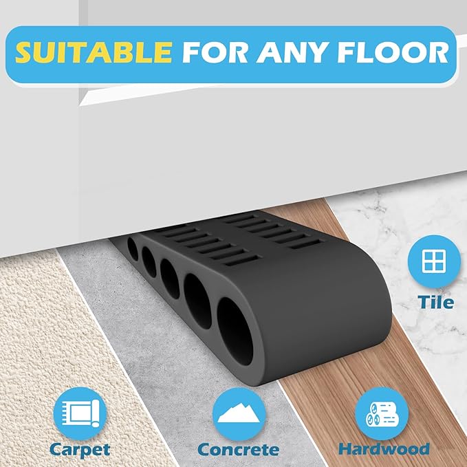 Rubber Door Stoppers for Bottom of Door - Door Stop Wedge with Holder for Home Office Stackable on Multi Floor Carpet Concrete Tile Linoleum & Wood Heavy Duty Doorstop No Sliding Drilling Black