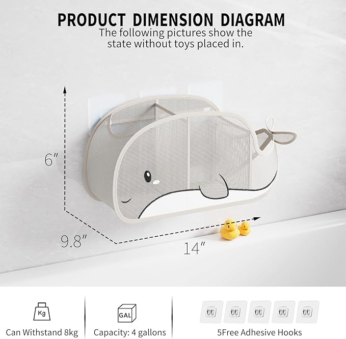 Quick-Drying Baby Bath tub Toy Organizer Storage for Bathroom, Large-Capacity mesh Bath Toy Holder for Bathtub, Convenient for Quick Access, Whale-Shaped Design (Gray)
