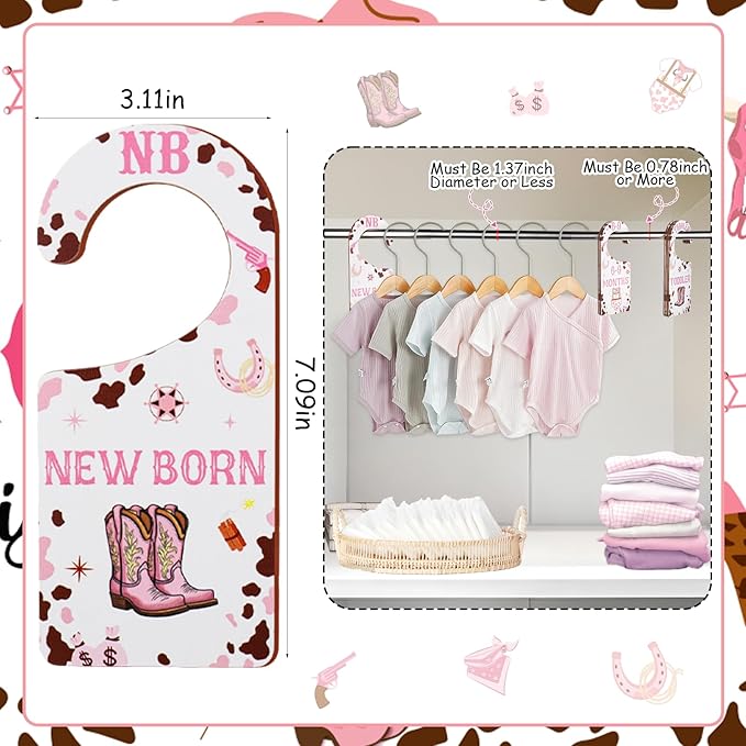 Baby Closet Dividers 8PCS, Western Cowgirl/Wild West Rodeo Themed Wooden Double-Sided Clothes Size Hanger Organizer from Newborn to Toddler for Nursery Decor Baby Shower Birthday Gift Pink
