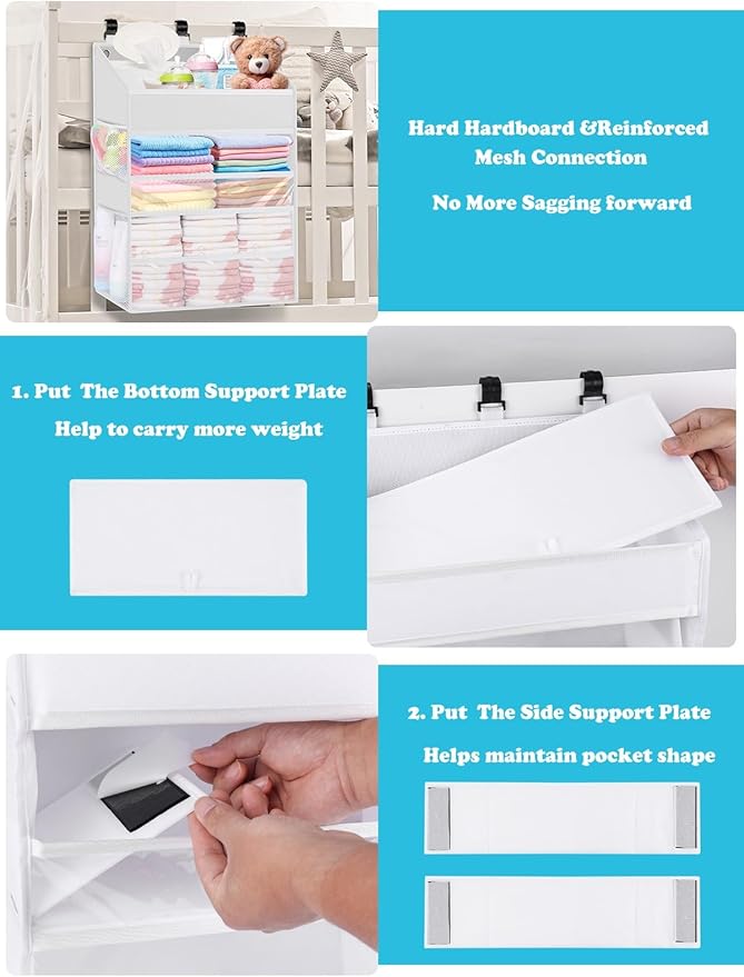 Hanging Diaper Caddy Organizer Crib Organizer–Spacious Baby Girl/Boy Nursery Organizer for Changing Table, Playpen/Wall- Hold 90+ Diaper (White)