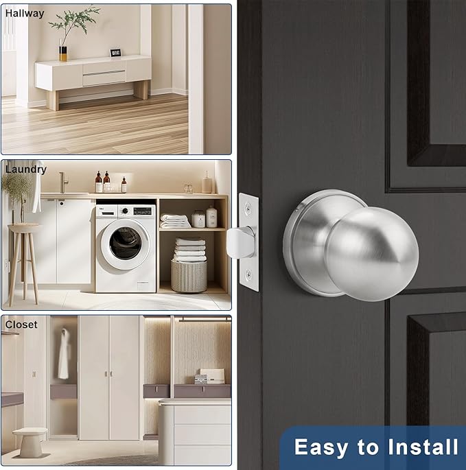 Knobonly 6 Pack Keyless Indoor Door Knob, Passage Door Knobs, Interior Door Knobs, Satin Nickel, Stainless Steel
