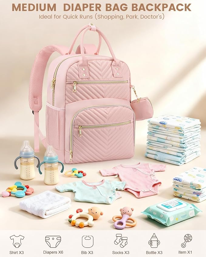 Pritent Diaper Bag Backpack,Baby Essentials Diapers Bag with Pacifier Case,Multipurpose Stylish Large Capacity Travel Backpack for Baby Girl/Boy(M-Pink)