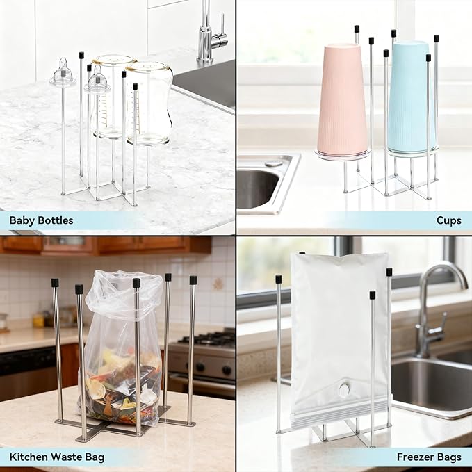 Foldable Baby Bottle Drying Rack – 8-Pole Collapsible Bottle Organizer, suitable for cups, silicone bags, and kitchen waste bags – Space-Saving Countertop Dryer for Home & Travel (Silver)