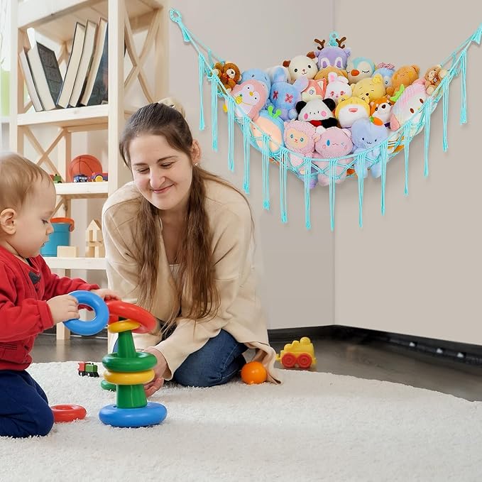 Basumee Stuffed Animals Net or Hammock with LED Light, Hanging Stuffed Animals Storage Toy Hammock Net Corner Wall Girls Room Decor Toy Storage Organizer, Light Aqua Green, L