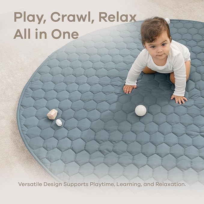Comfy Cubs Round Kids Play Mat - Large 60 inches Soft Quilted Baby Floor Mat with Non-Slip Bottom - Plush Design for Toddlers' Playtime - Comfortable and Durable - Pacific Blue