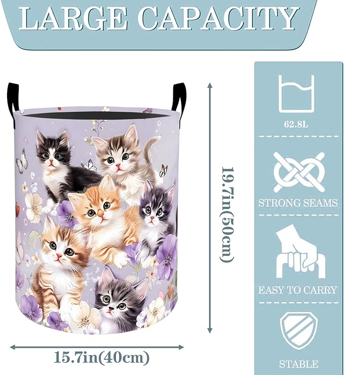 VODRM Cute Kitten and Butterfly Laundry Basket, Dirty Collapsible Clothes Toy Organizer Hamper for Kids Adults, Oxford Cloth Waterproof Storage Bin for Bedroom Bathroom Home Decor Gifts, 19.7"X15.7"