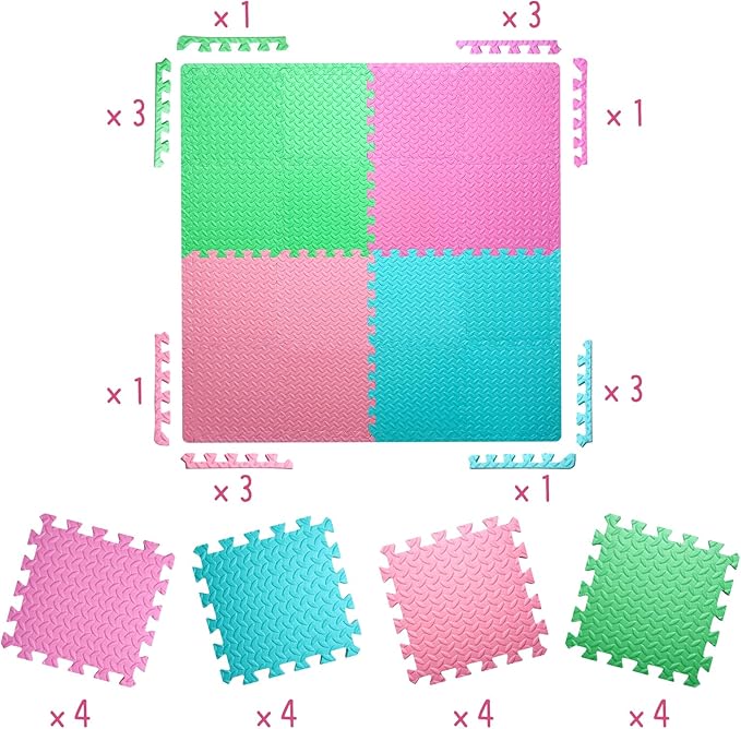 Coolcandy Baby Foam Play Mat 16Pcs with Edge Strips, 4 Colors Interlocking Floor Tiles, 0.4″ Thickened Non-Slip Puzzle Floor Mat for Infants Toddlers Playroom & Daycare