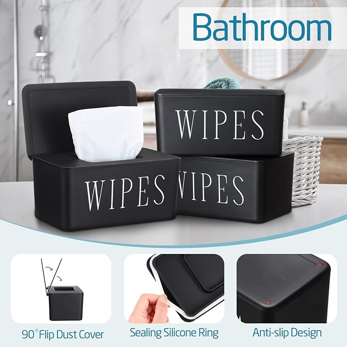 Singhoow 3 Pack Baby Wipes Dispenser Holder Wipe Container for Bathroom with Lid Toilet Tissue Paper Storage Refillable Box for Home Office Cars(Large,Black)