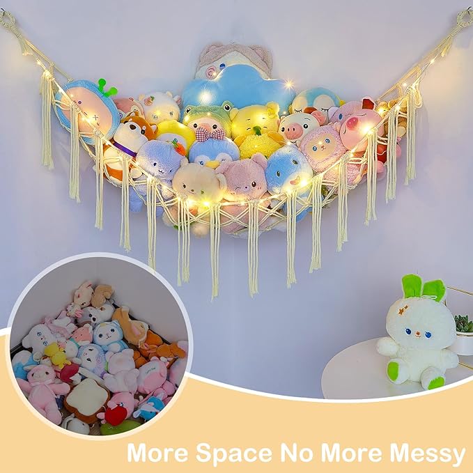 Basumee Stuffed Animals Net or Hammock with LED Light, Hanging Stuffed Animals Storage Toy Hammock Net Corner Wall Girls Room Decor Toy Storage Organizer, Cream, L