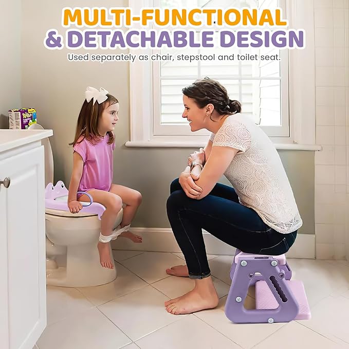 Orzbow Frog Potty Training Seat, Toddler Toilet Seat with Step Stool Ladder, 2-in-1 Potty Training Toilet Essentials for Boys Girls, Adjustable Height, Non-Slip Step and Splash Guard Design, Pink