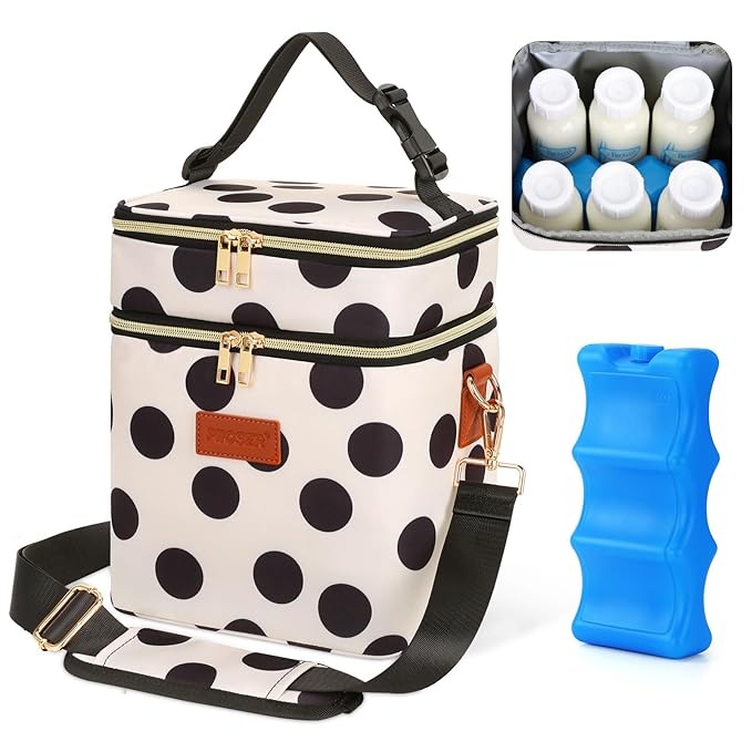 PIIOSER Breastmilk Cooler Bag with Ice Pack, Fits 6 Baby Bottles Up to 9 Oz, Stylish Baby Cooler Travel Bags with Shoulder Strap, Double Layer & Leakproof for Nursing & Working Moms, Black Polka Dots