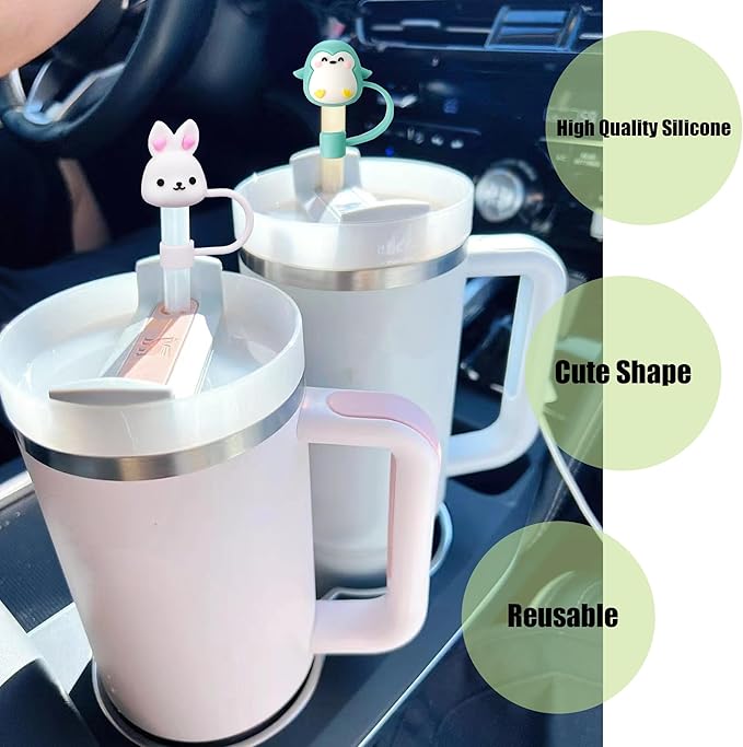 8Pcs Cute 10mm Animal Straw Covers Cap for Stanley Cup,Silicone Straw Toppers Compatible with Stanley 30&40 Oz Tumblers with Handle, Dust-Proof Reusable Lids Tumbler Cup Accessories