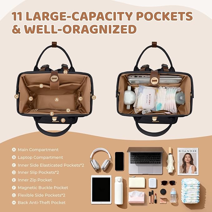 GOLF QUALITY Diaper Bag Backpack,Multi Function Water Resistant Diaper Bag With Hook,Casual Hanging diaper bag for mom,16 Inch,Black