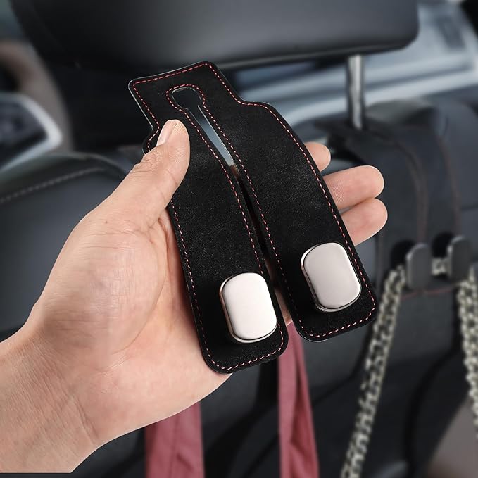 2Pcs Car Hooks for Headrest, Car Seat Hooks Purse Hook, Double Flexible Leather Hooks Car Accessories Interior for Women Men, 2 in 1 Back Seat Hook Car Organizer for Bags, Purses, Handbags (Black)