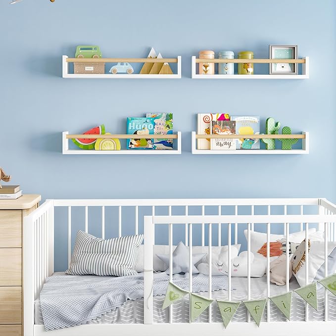 Fixwal Nursery Book Shelves, 23.6 Inch Floating Bookshelves for Wall Set of 4, Baby Nursery & Playroom Decor, Solid Wood Wall Mounted Shelves for Books and Toys Storage (White and Natural Wood)