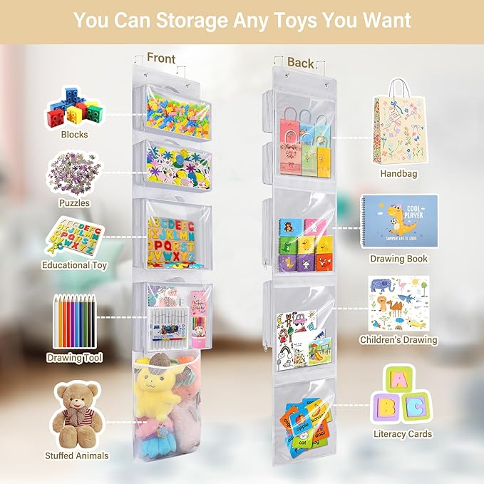 Over Door Organizer and Storage, Hanging Toy Holder with 4 Clear Removable Pouches, Toddler Room Wall Stuffed Animal Bag Case, Kids Playroom Closet Organization for Building Block, Puzzle