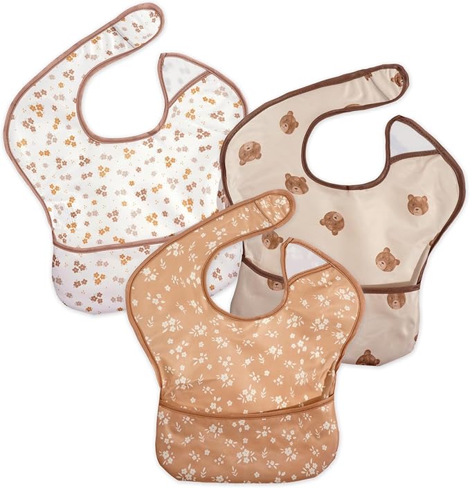 CoolaPeach 3-Pack Waterproof Baby Bibs for Eating - Lightweight Feeding Bibs, Mess Proof, Baby Essential Must Have for Eating