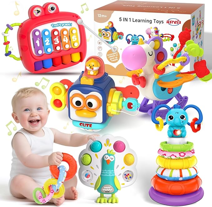 usrela 5 in 1 Baby Toy for 12 18 Month, Learning Toys for Babies 12-18 Months, Baby Busy Cube, Stacking&Sensory, Pull String&Piano Xylophone Toy, Birthday Gift for 12+ Month