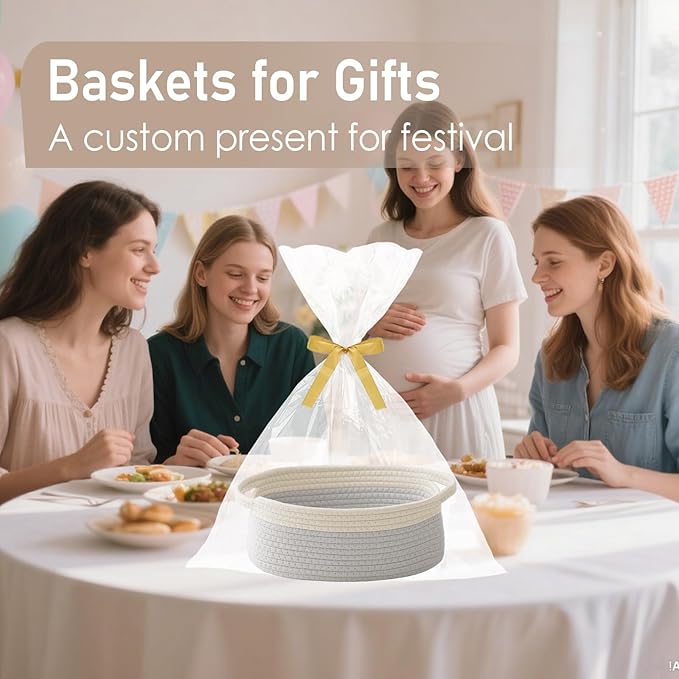 JMvicyroam Woven Basket,Small Rope Storage Bin with Handles & Ribbon Bag, Organizer for Shelves Closets,Gift Basket Empty for Birthday,Books,Dog Toys, White&Grey/2 Pack