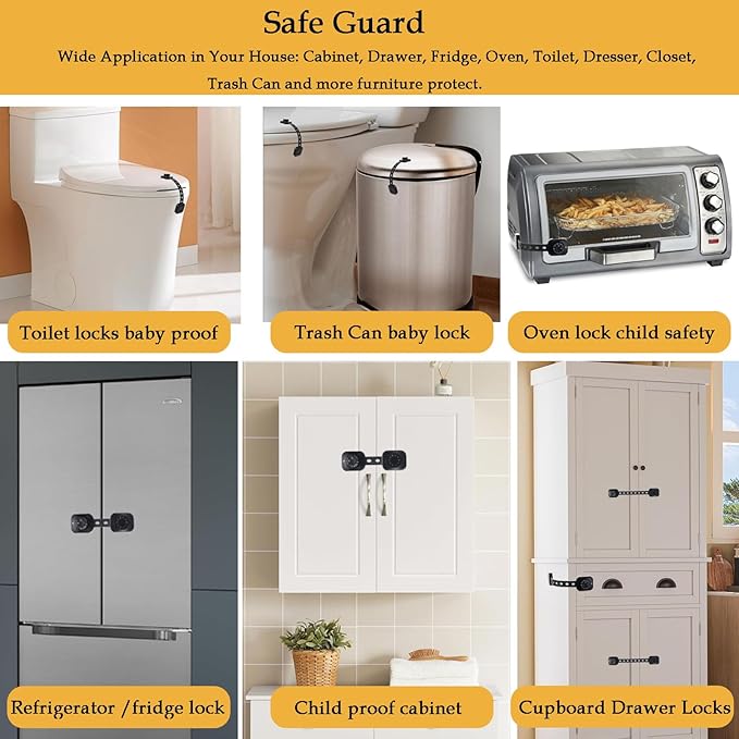 Cabinet Locks Baby Proofing, Child Safety Drawer Locks -Adjustable Child Safety Strap Locks Adhesive Baby Door Latch for Fridge Toilet Oven No Drill Multi-Purpose Furniture Kitchen Lock Black 6 Pack