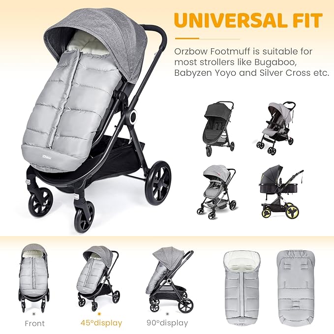Orzbow Universal Footmuff for Baby, Winter Warm Stroller Bunting Bag, Waterproof Windproof Warm Coral Fleece Lined Toddler Sleeping Bag, Light Grey