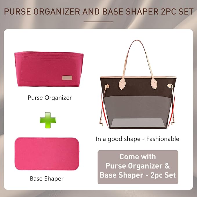 Doxo Purse Organizer Insert for Handbags & Base Shaper 2pc Set, Felt Neverfull GM Organizer Insert, Tote Bag Organizer with Zipper Pocket and Bottle Holder, Fit Neverfull GM and More, Rose-XL